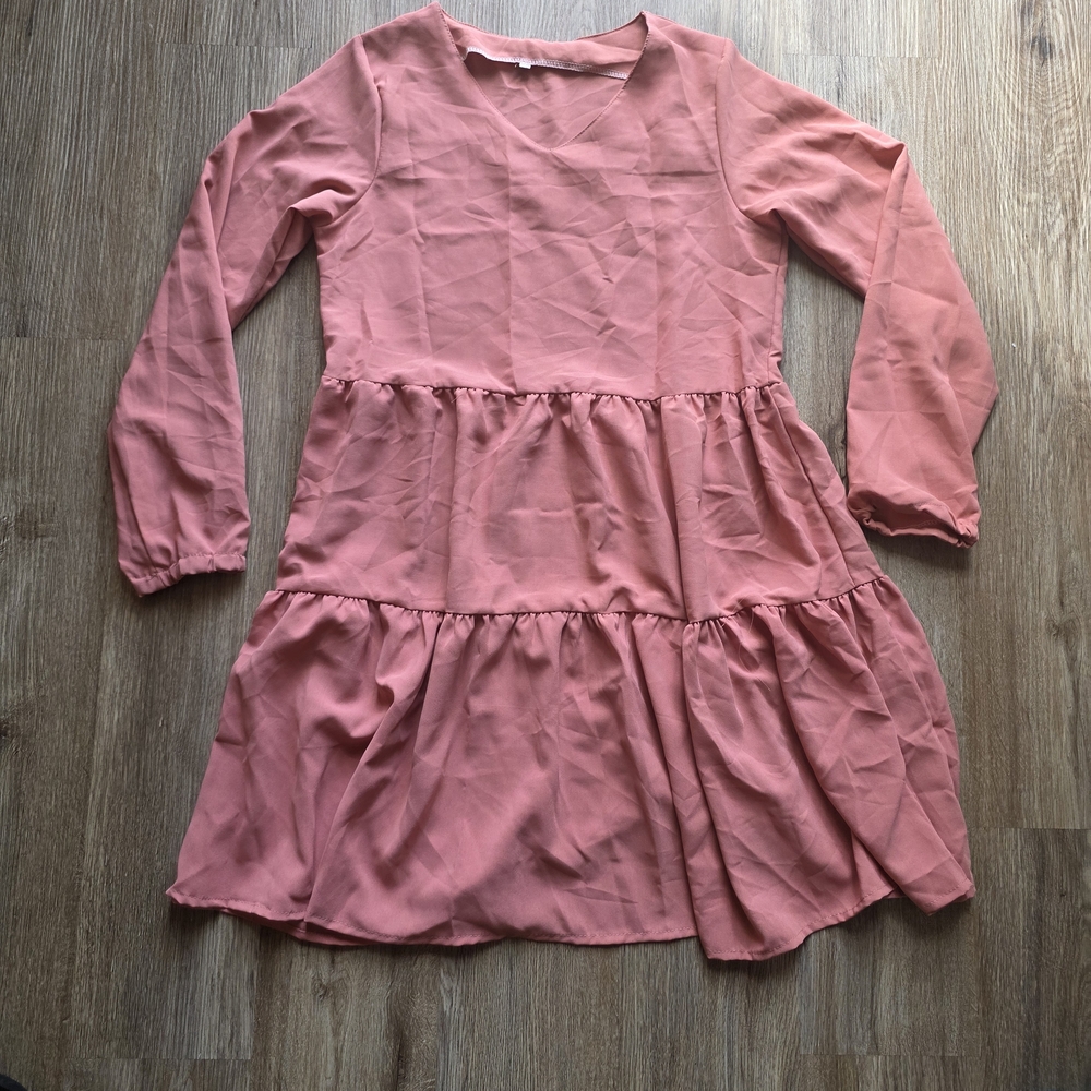 Women Ribbed Brown Long Sleeve Dress Size Long-Sleeve Tiered Dress in Dusty Rose
